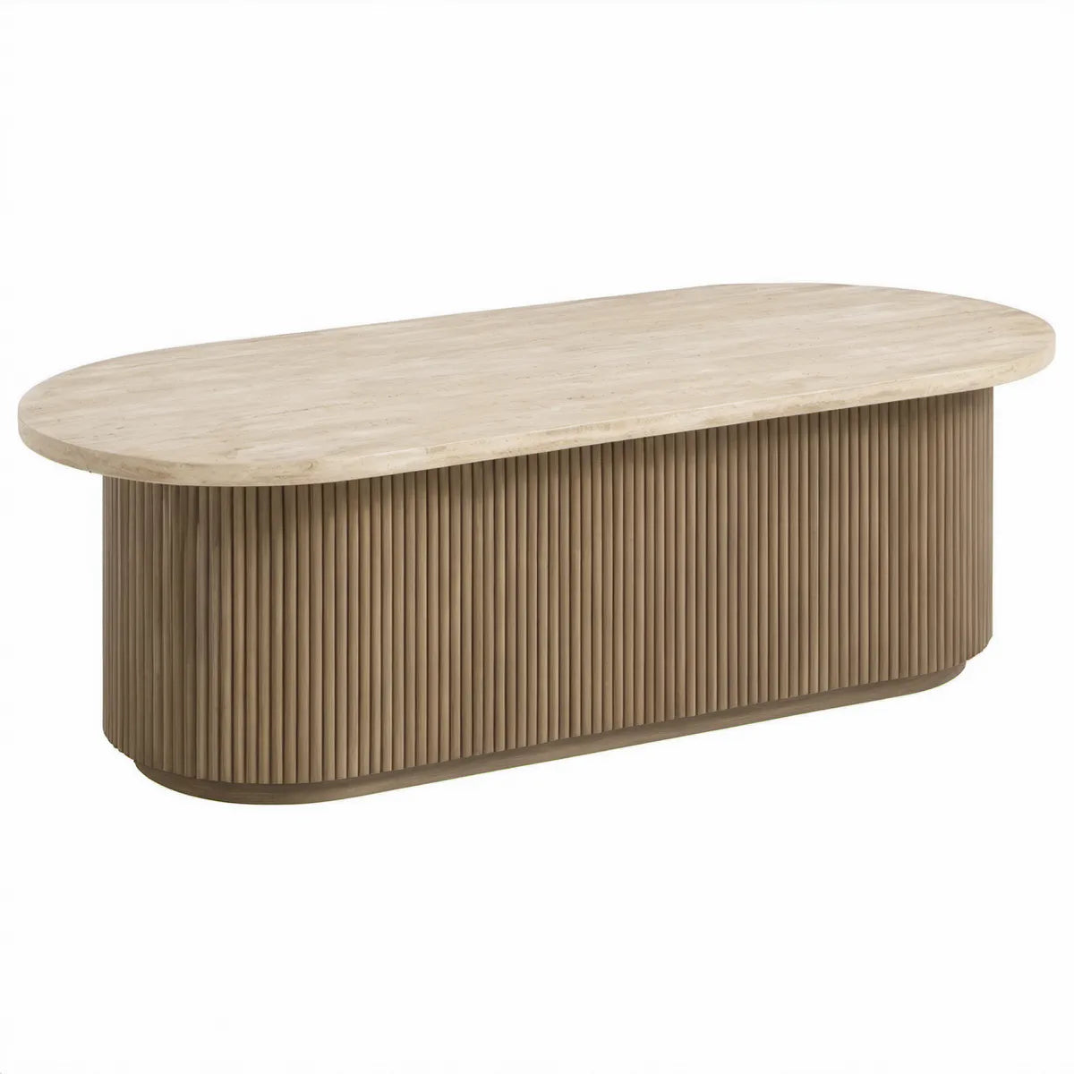 Oválný stolek z travertinu a MDF s dubovou dýhou, béžový a světle hnědý, 120 × 60 × 45 cm