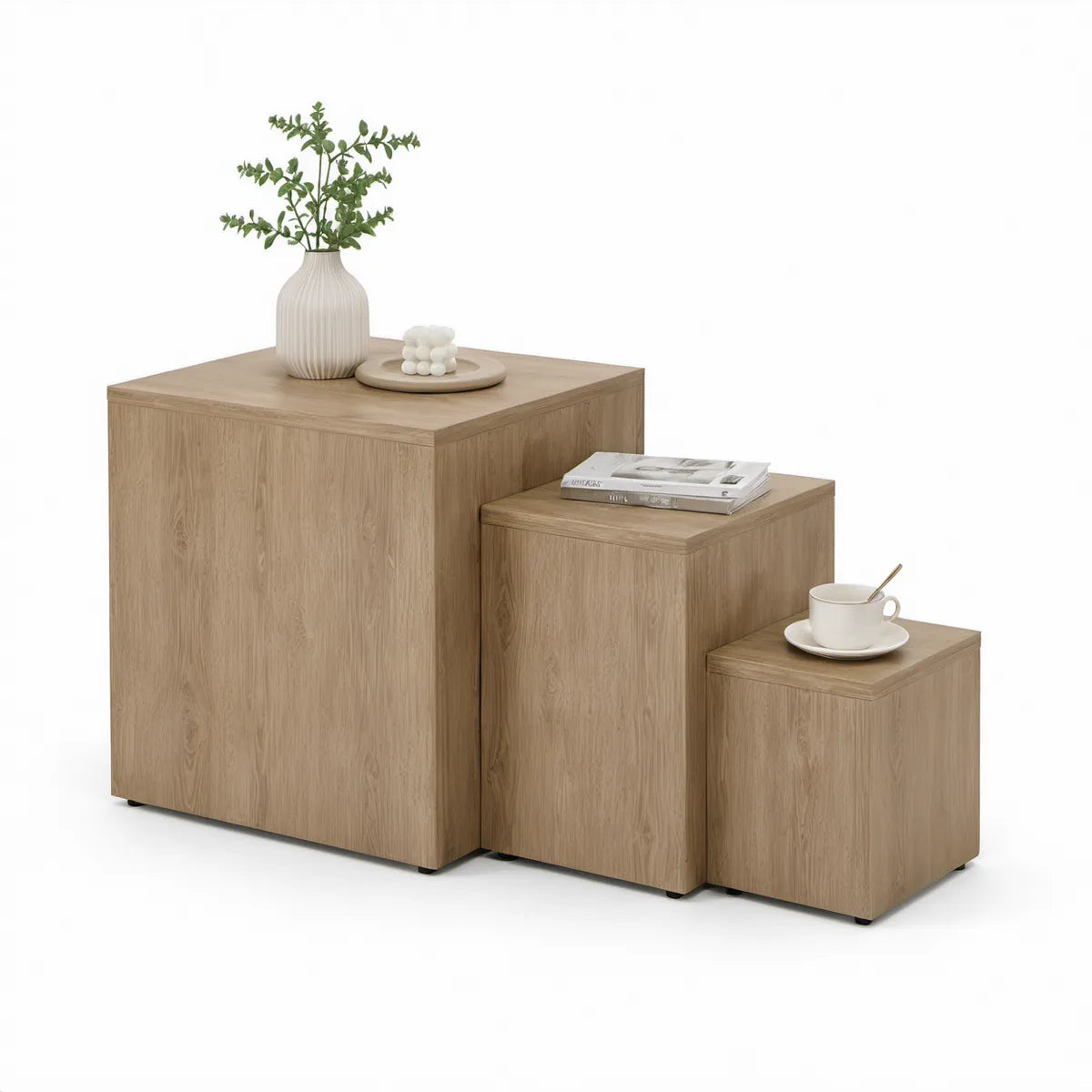 Sada 3 čtvercových konferenčních stolků z MDF v dekoru světlého dubu, 50 × 50 × 50 cm