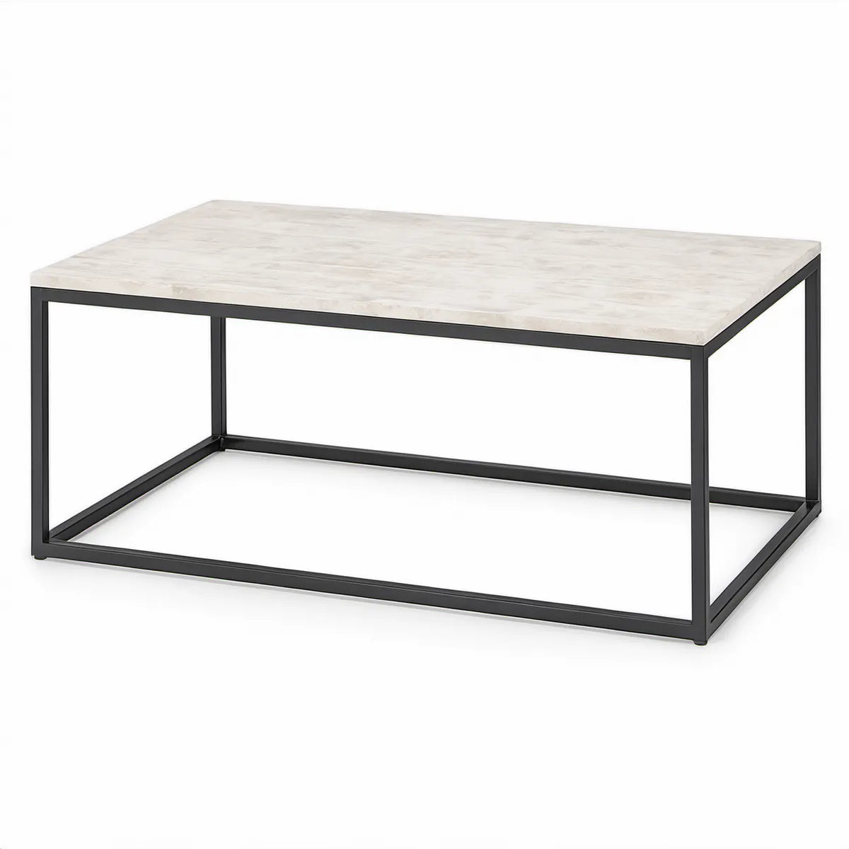 Obdélníkový konferenční stolek 100 × 60 × 45 cm, bílý mramorový dekor a černý ocelový rám