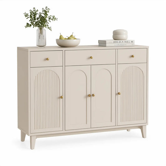 Béžový příborník z MDF se 4 dvířky a 3 zásuvkami, 120 × 40 × 90 cm