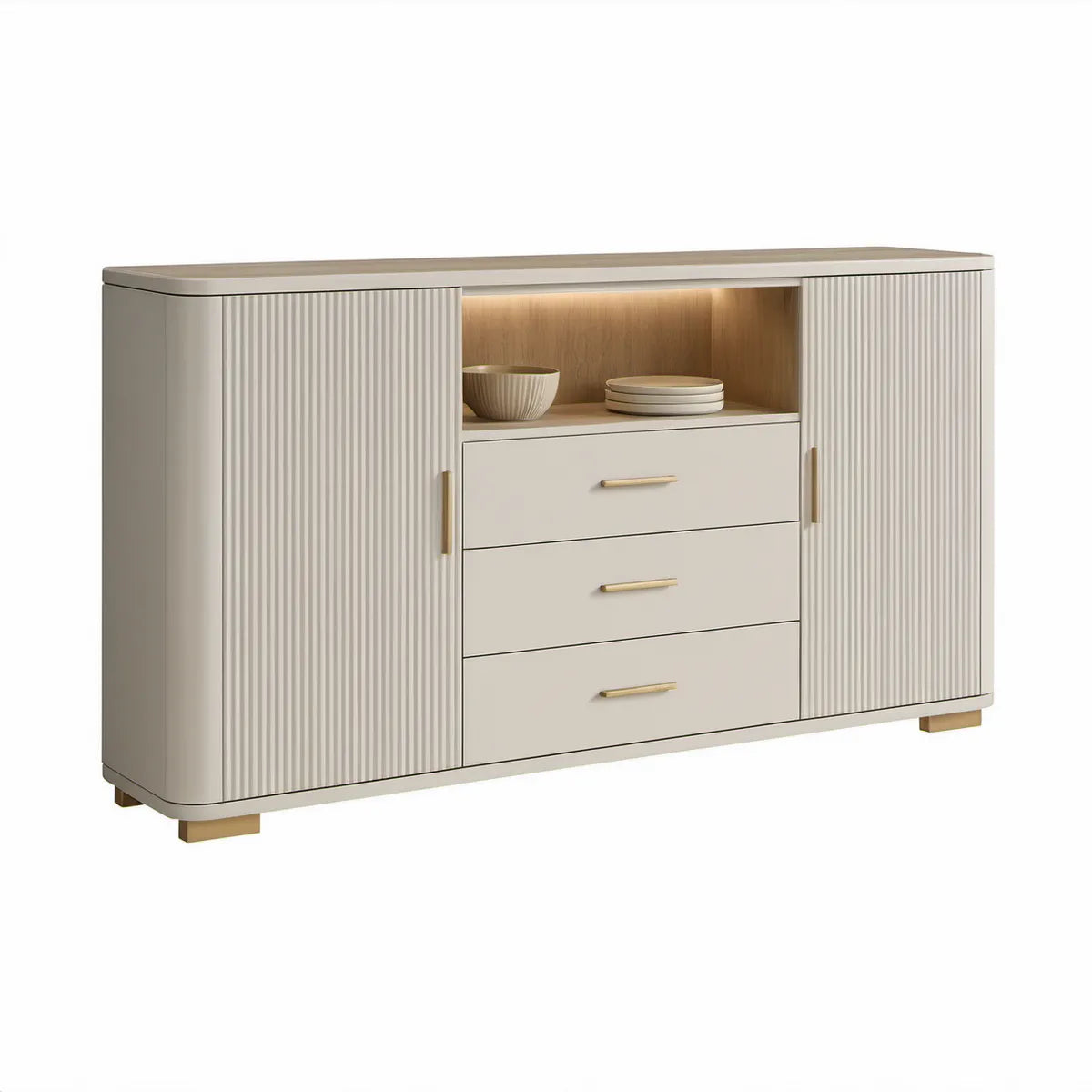 Příborník s LED osvětlením, MDF, 160 × 40 × 90 cm, krémový/zlatý/přírodní dub