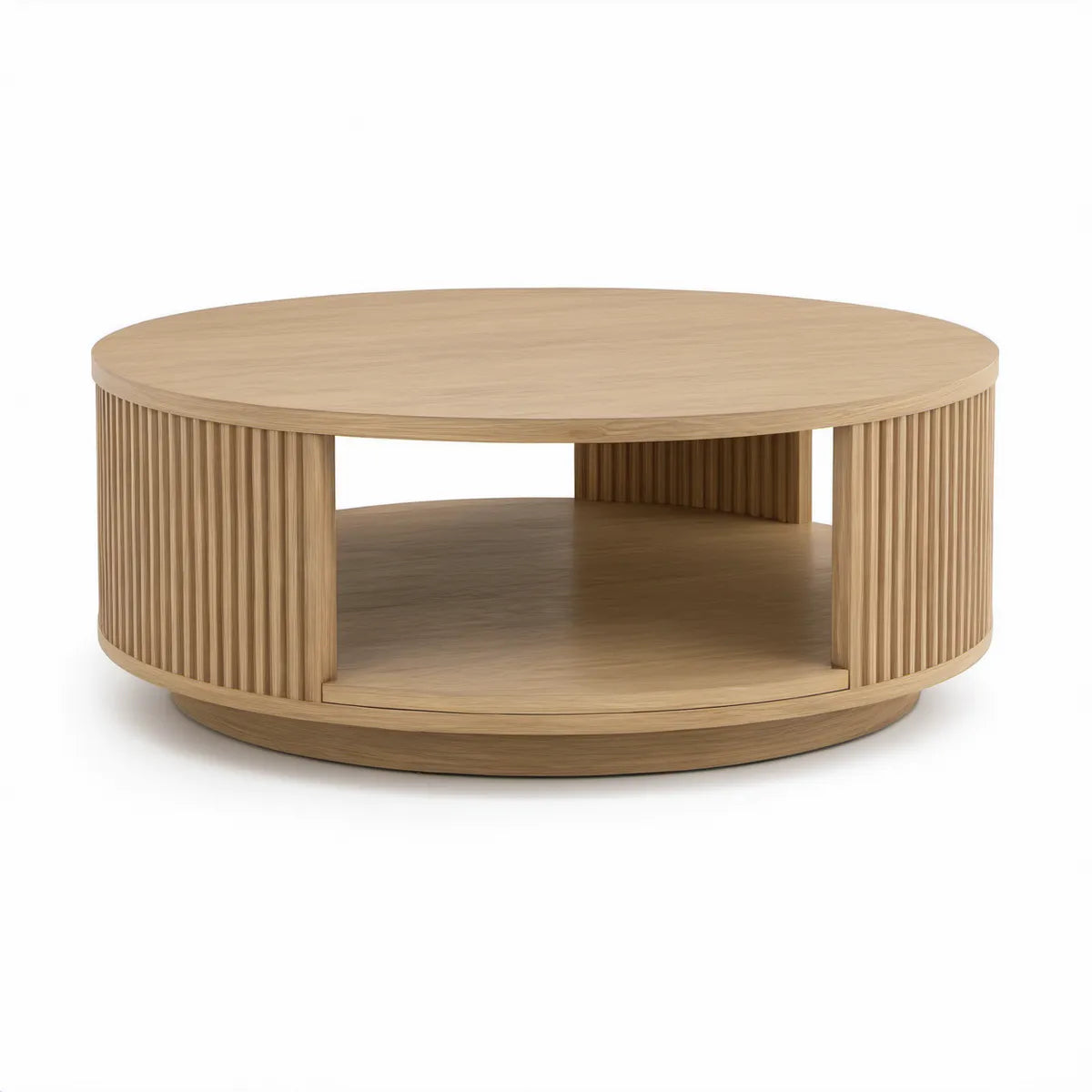 Kulatý stolek s úložnou policí Ø 80 × 40 cm, MDF s dubovou dýhou, přírodní dub